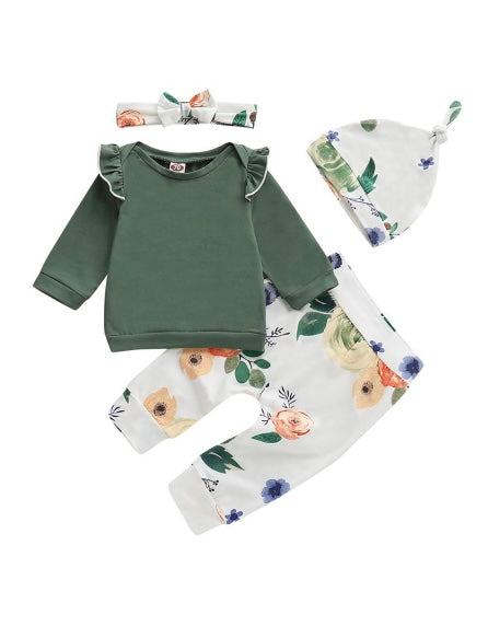 3-6 months baby spring/summer green long sleeve top and multi print flower pants set and hat