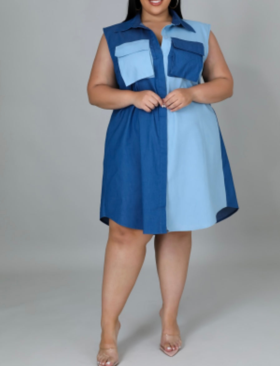 Non-stretch dress Collar Sleeveless Chest pockets Button closure 95% polyester 5% spandex Women two tone deep and light blue summer fall dress perfect for a relaxing day easy dress up or down