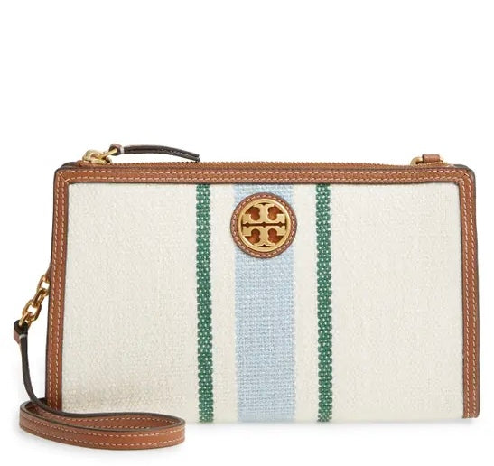 Enhance your summery looks with this striped crossbody bag that's a great everyday accessory. Style Name: Tory Burch Carson Striped Crossbody Bag.   Detachable straps that transform into a clutch. zips to close and offers cardholder pockets on the inside. the perfect bag to fit your phone sunglasses some sunscreen wallets and keys  cost $250