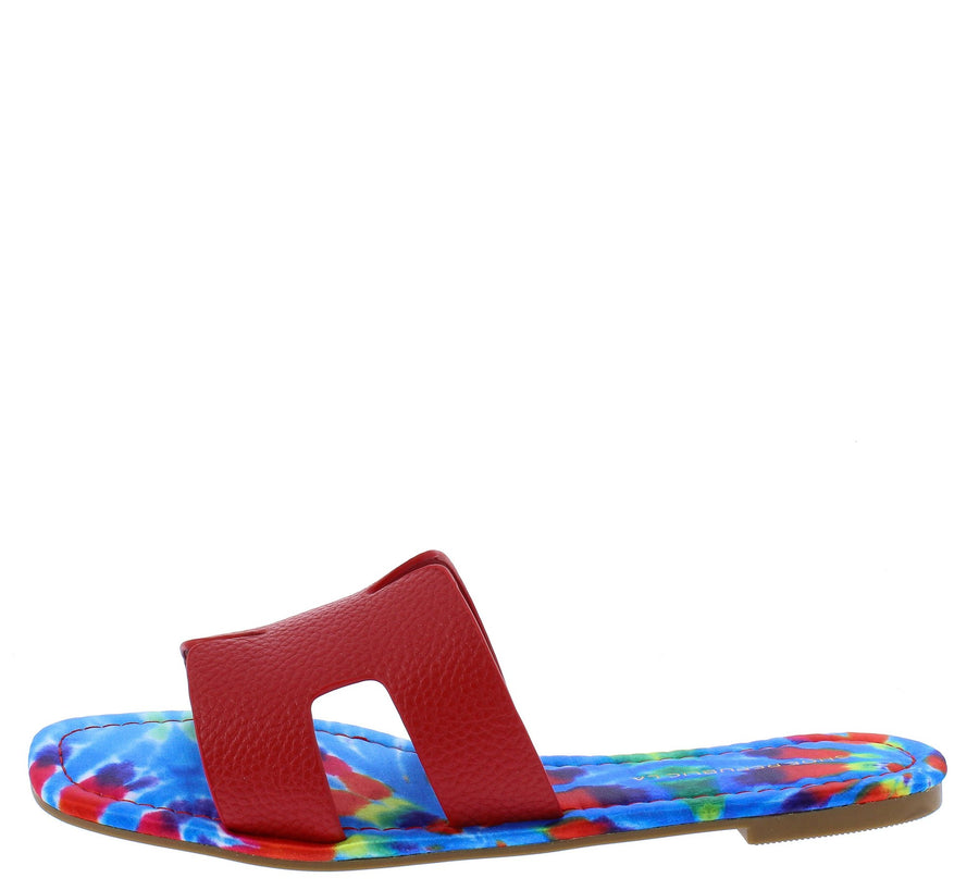 Red cut out square open toe slide sandals