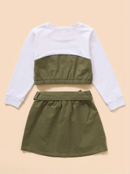 Two Pieces Girls Sets Color Blocking Button Trim Top And Skirt
