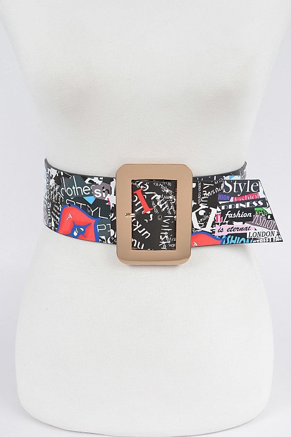 Our stylish babe broad waistline belts comes in two styles offers a wide gold buckle with multi color print writing on our leather babe fits size medium - 1Xl Price $25