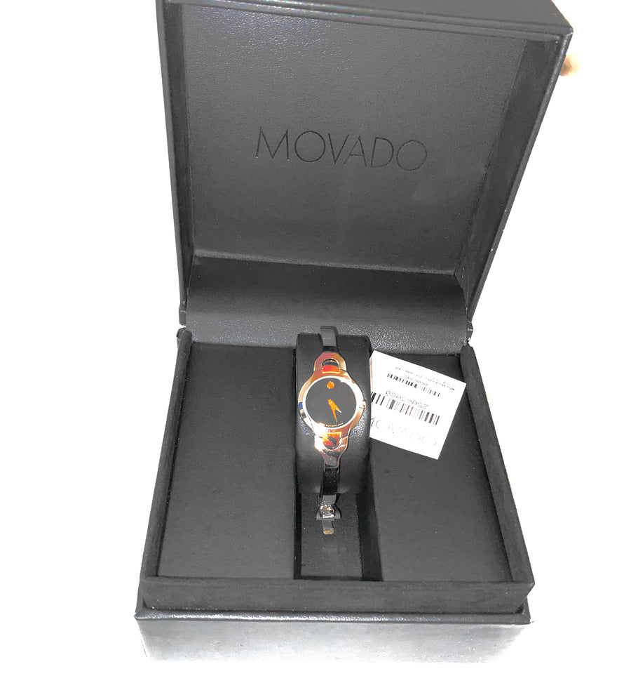 Two tone silver and gold women black face movado watch 