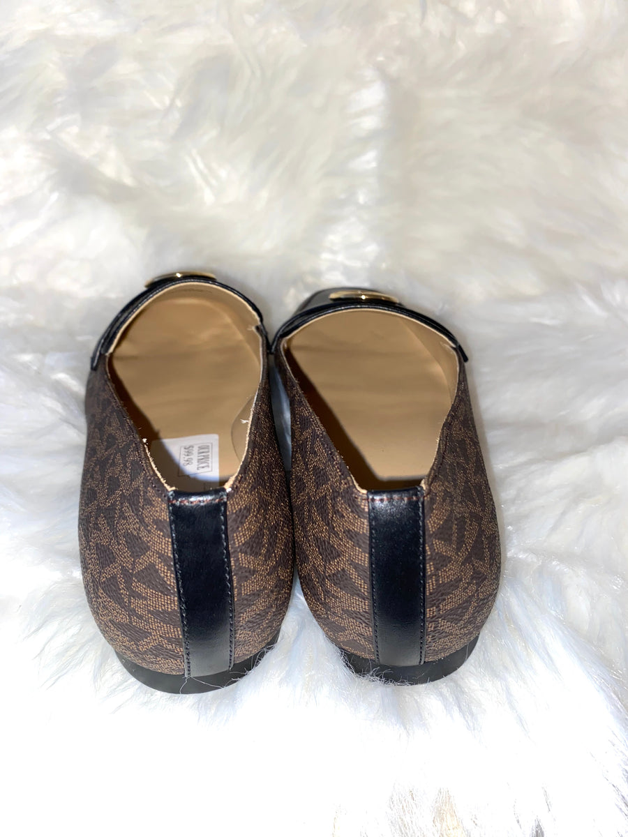 Women flats Michael Kors brown and black monogram loafers with MK embolden to the front $90  
