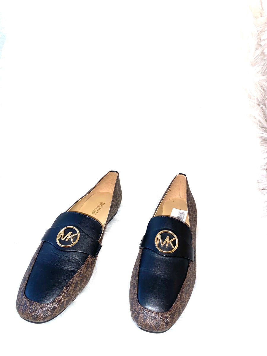 Women flats Michael Kors brown and black monogram loafers with MK embolden to the front $90