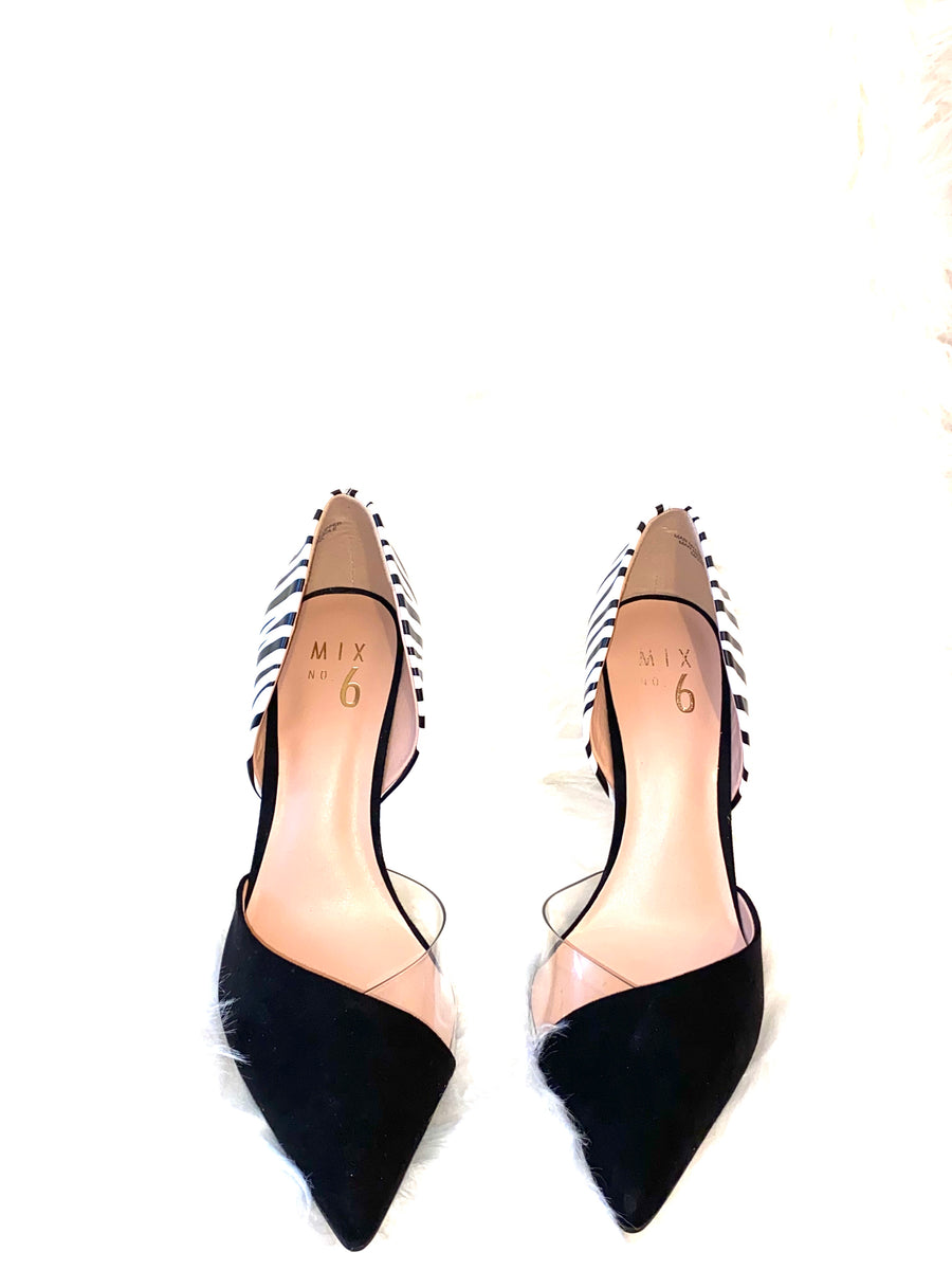 Women pencil heels black and white. With clear front and black suede like front. $35  -Suede Front  -Color: Black and white  -Heel Height: High 3"-4" -Heel Style: Stiletto -Size:7.5 -Sole-heel-style: Platform -Item Name: Mix 6 -Width: Regular (M, B) -Brand: Mix No.6