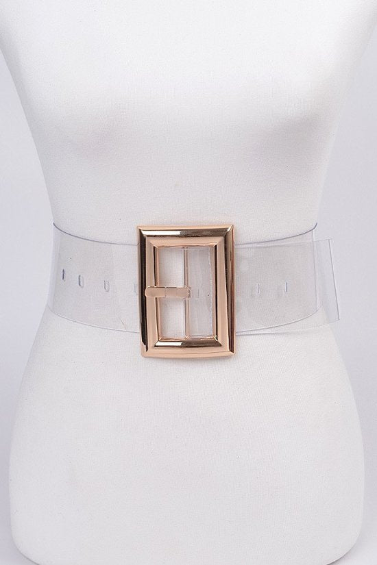Our stylish women clear babe broad waistline belts offers a wide gold buckle with clear see through color our babe fits size medium - 3XL Price $25