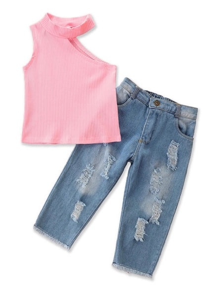 Two Pieces Sets Halter Neck Top And Jeans